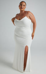 Tasteful Maxi Dress - Cowl Neck Bodycon Thigh Split Dress in White