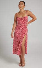 Willa Midi Dress - Ruched Bust Thigh Split Dress in Red Floral