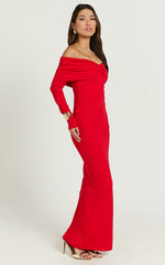 Rani Maxi Dress - Off Shoulder Long Sleeve Bodycon Dress in Red