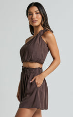 Raylene Two Piece Set - Linen Knotted One Shoulder Top and Paper Bag Waist Shorts in Tobacco
