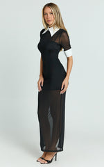Renata Midi Dress - Short Sleeve Contrast Collar Bodycon Dress in Black