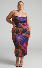 Rhaine Midi Dress - Cowl Bodycon Dress in Phoenix rising