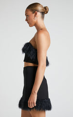 Rhaiza Mini Skirt - Faux Feather Trim High Waisted Skirt in Black