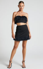 Rhaiza Mini Skirt - Faux Feather Trim High Waisted Skirt in Black
