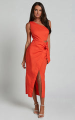 Rina Midi Dress - One Shoulder Side Cut Out Wrap Dress in Orange