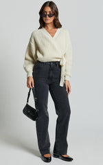 Rosanna Jumper - Recycled Knitted V Neck Wrap Cardigan in Ivory