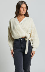 Rosanna Jumper - Recycled Knitted V Neck Wrap Cardigan in Ivory