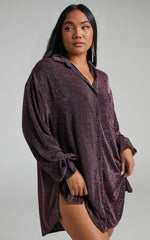 Ruri Mini Dress - Sparkly Oversized Shirt Dress in Berry