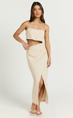 Sabrina Two Piece Top and Skirt Set - Linen Straight Neck Crop Top and Wrap Front Split Midi Skirt in Natural