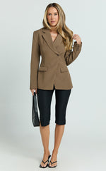 Sally Blazer - Cross Over Fitted Tailored Blazer in Khaki