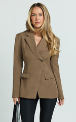 Sally Blazer - Cross Over Fitted Tailored Blazer in Khaki