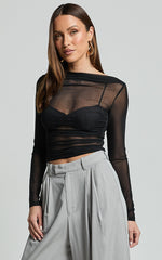 Sandara Top - Long Sleeve Sheer Top in Black