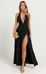 Sandy Midi Dress - Halter Plunge Fit And Flare Dress in Black