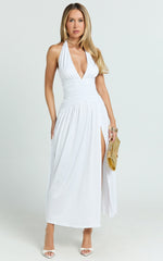 Sandy Midi Dress - Halter Plunge Fit And Flare Dress in White