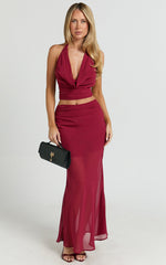 Saskia Two Piece Set - Cowl Tie Neck Top And Low Rise Maxi Skirt in Dark Red