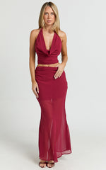 Saskia Two Piece Set - Cowl Tie Neck Top And Low Rise Maxi Skirt in Dark Red