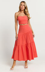 Schiffer Two Piece Set - Strapless Top and Tiered Midi Skirt in Red
