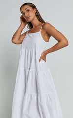 Siony Midi Dress - Scoop Neck Strappy Scallop Hem Tiered Dress in White