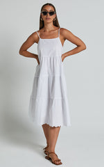 Siony Midi Dress - Scoop Neck Strappy Scallop Hem Tiered Dress in White