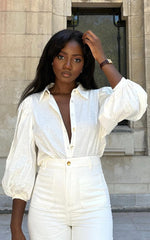 Amalie The Label - Janae Linen Blend Collared Puff Sleeve Button Up Shirt in White