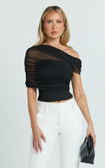 Sophia Top - Draped One Shoulder Mesh Overlay Top in Black