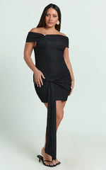 Svetlana Mini Dress - Textured Jersey Off Shoulder Draped Dress in Black