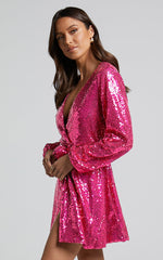 Three Of Us Mini Dress - Long Sleeve Wrap Dress in Pink Sequin