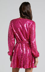 Three Of Us Mini Dress - Long Sleeve Wrap Dress in Pink Sequin