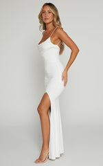 Tasteful Maxi Dress - Cowl Neck Bodycon Thigh Split Dress in White