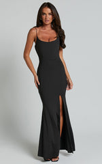 Tasteful Maxi Dress - Cowl Neck Bodycon Thigh Split Dress in Black