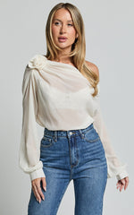 Terry Top - One Shoulder Rosette Detail Gathered Top in Cream
