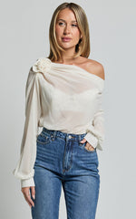 Terry Top - One Shoulder Rosette Detail Gathered Top in Cream