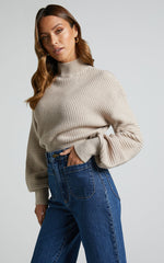 Valerie Jumper - High Neck Balloon Sleeve Knit Jumper in Beige
