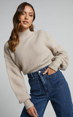 Valerie Jumper - High Neck Balloon Sleeve Knit Jumper in Beige