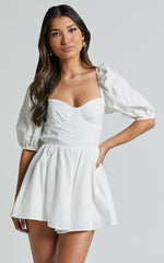 Vicky Playsuit - Sweetheart Short Puff Sleeve Tie Back in White