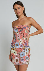 Wren Mini Dress - Strapless Bodycon Garden Flowers Dress in Orange