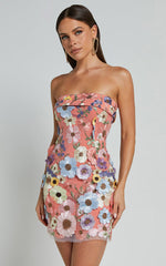 Wren Mini Dress - Strapless Bodycon Garden Flowers Dress in Orange