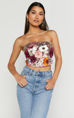 Wren Top - Strapless Garden Flowers Corset Top in Burgundy