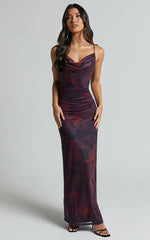 Yasmina Midi Dress - Strappy Cowl Neck Slip Dress in Midnight Bloom