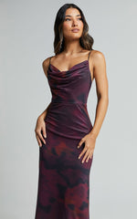 Yasmina Midi Dress - Strappy Cowl Neck Slip Dress in Midnight Bloom