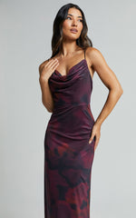 Yasmina Midi Dress - Strappy Cowl Neck Slip Dress in Midnight Bloom