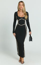 Zareena Midi Dress - Straight Neck Long Sleeve Slip Dress in Black