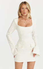Zita Mini Dress - Long Sleeve Tailored Tulip Dress in Off White