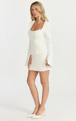 Zita Mini Dress - Long Sleeve Tailored Tulip Dress in Off White