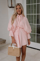 Puff Sleeve Mini Poplin Dress-Soft Pink