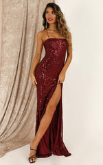 Magic Hour Split Maxi Dress in Wine Sequin
