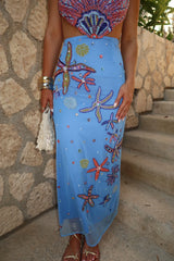Shell Embellished Midi Dress-Blue Multi