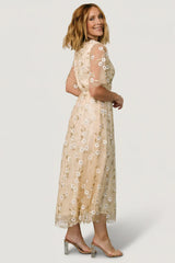 Arabella Embroidered Tulle Maxi Dress | Gold + White