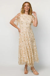 Arabella Embroidered Tulle Maxi Dress | Gold + White