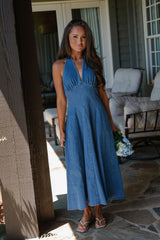 Delaney Halter Denim Midi Dress